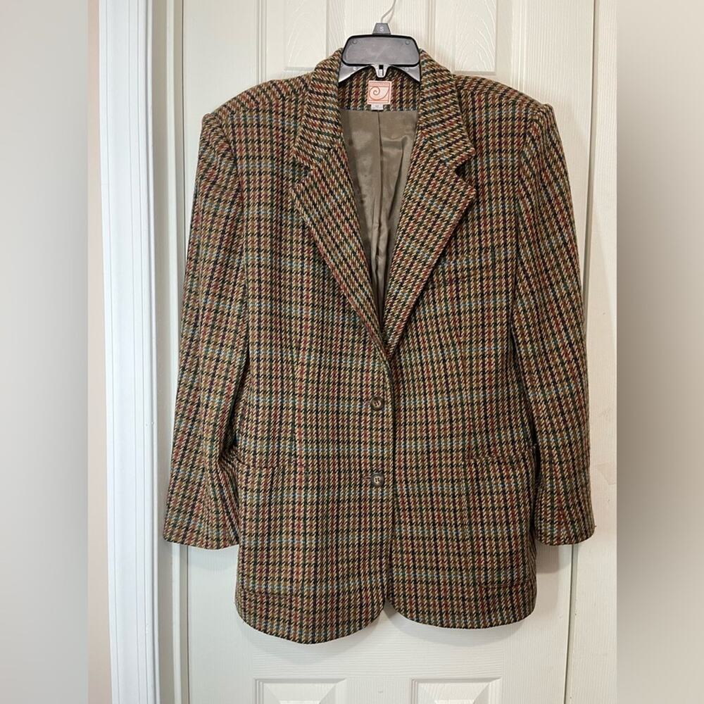 Amanda Fielding Brown Houndstooth Wool Blend Vintage 2 button Blazer size  12